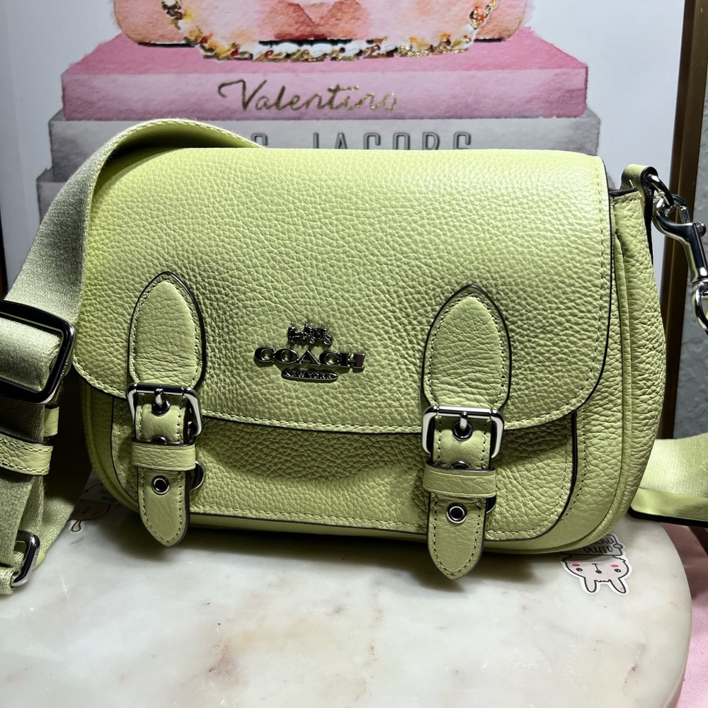 Coach Lemon Green Pebbled Leather Satchel with Silver Hardware - Picture 3 of 13